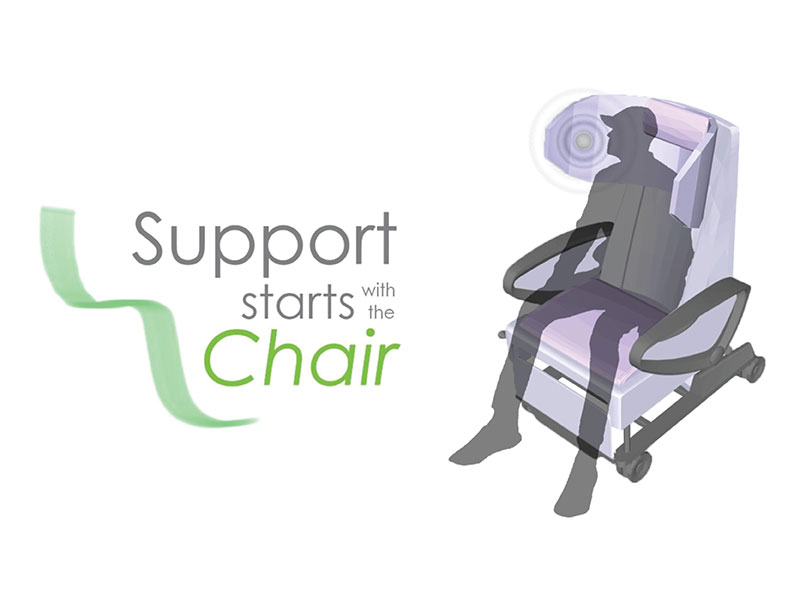 An illustration of a silhouetted man sitting in a medical chair, with the words "Support starts with the chair" on the left.