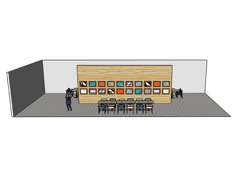 An illustration of a restaurant-type area with a dining table and a wall full of pictures.